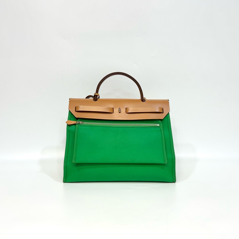 愛馬仕 Hermes Herbag 31 竹子綠帆布拼自然色牛皮手提包｜Kelly風格經典款-5