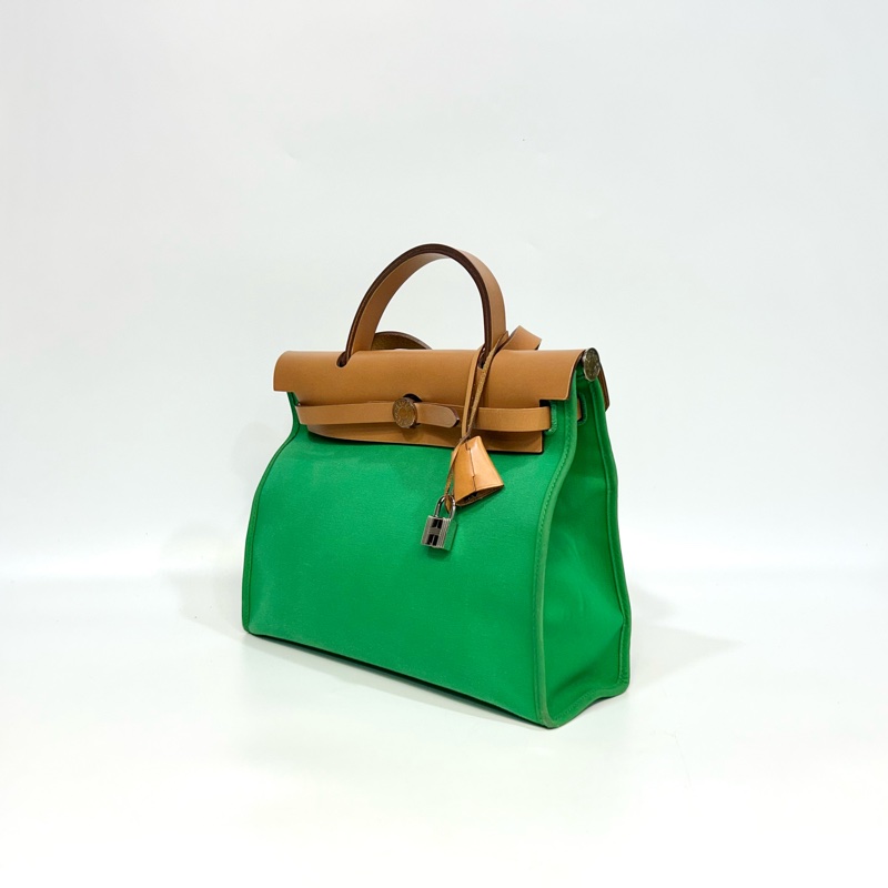 愛馬仕 Hermes Herbag 31 竹子綠帆布拼自然色牛皮手提包｜Kelly風格經典款-6