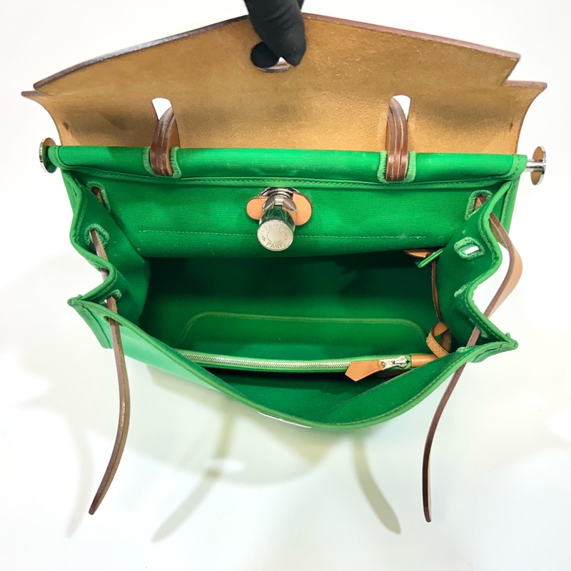 愛馬仕 Hermes Herbag 31 竹子綠帆布拼自然色牛皮手提包｜Kelly風格經典款-9