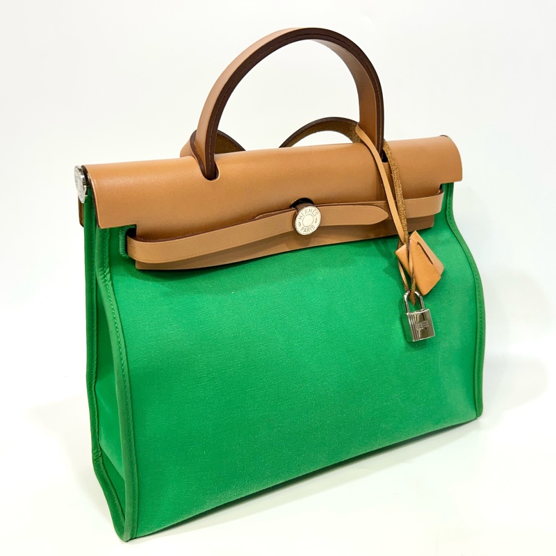 愛馬仕 Hermes Herbag 31 竹子綠帆布拼自然色牛皮手提包｜Kelly風格經典款-18