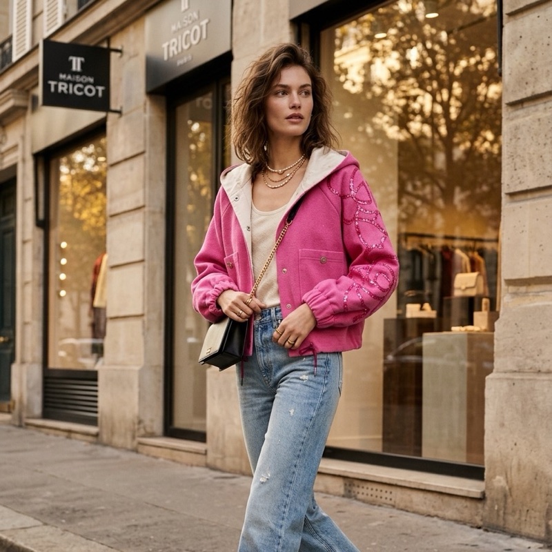 義大利精品Tricot chic粉色微金蔥連帽質感外套 40號-1