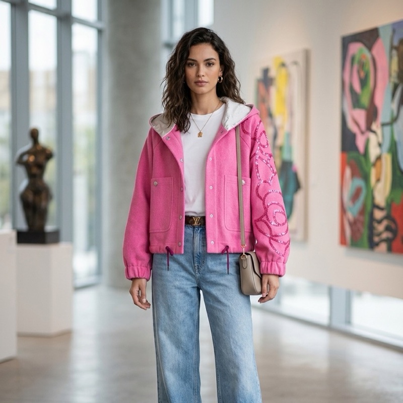 義大利精品Tricot chic粉色微金蔥連帽質感外套 40號-2