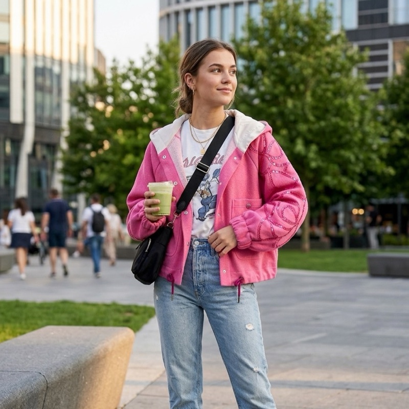 義大利精品Tricot chic粉色微金蔥連帽質感外套 40號-9