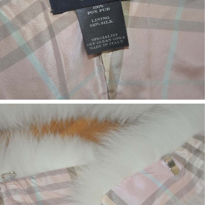 專櫃正品BURBERRY甜美粉紅格子內襯限量狐貍毛領圍披肩-3