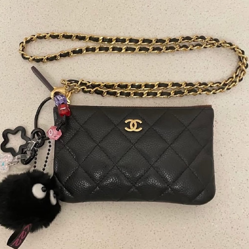 CHANEL 黑銀萬用一字拉鍊錢包🍩零錢包荔枝皮革🎄全新🎁-7