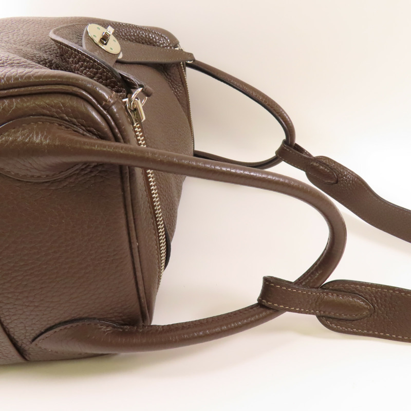 HERMES Clemence皮革Lindy 30銀扣肩背袋Cafe-5