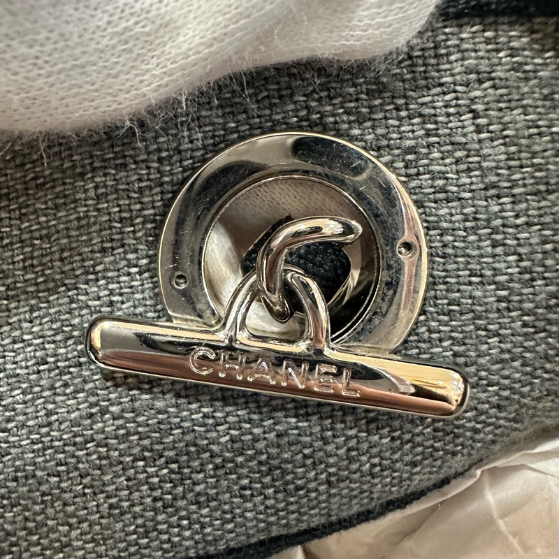 Chanel A67001灰白黑麻棉銀鍊沙灘包 托特包 肩背包-25