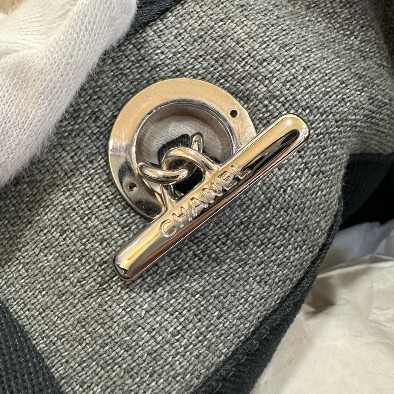 Chanel A67001灰白黑麻棉銀鍊沙灘包 托特包 肩背包-29