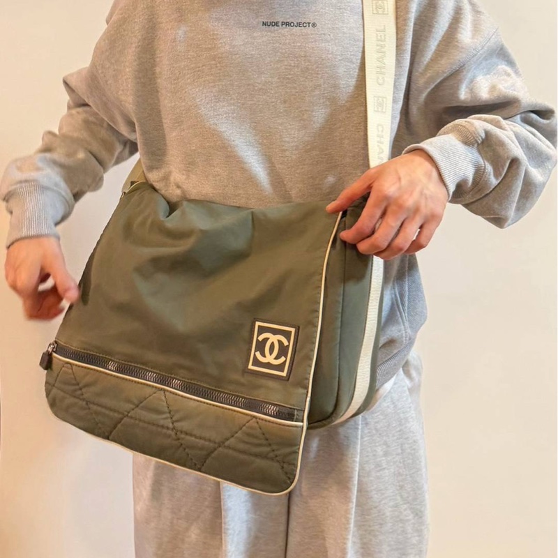 chanel 香奈兒 運動系列 vintage 綠色 帆布 工事包 書包 郵差包 肩背包 側背包 斜背包-20