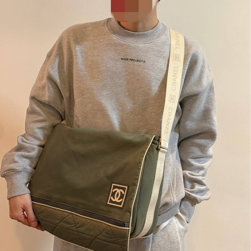 chanel 香奈兒 運動系列 vintage 綠色 帆布 工事包 書包 郵差包 肩背包 側背包 斜背包-21