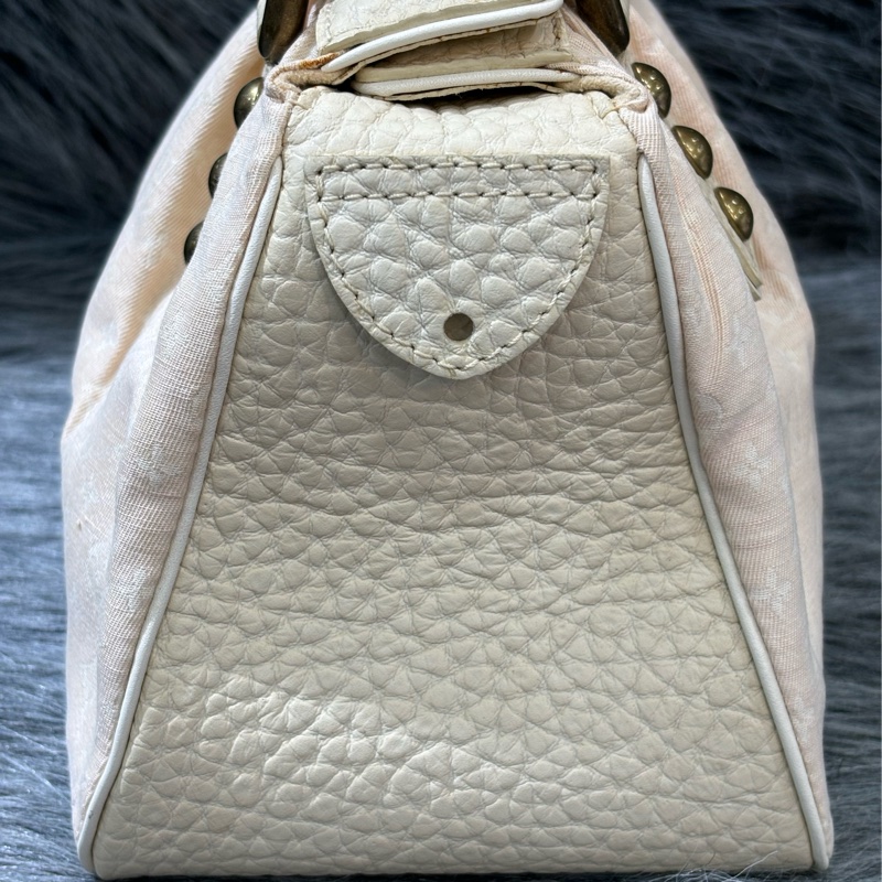 LV M40062 粉紅 櫻花粉 牛仔布 帆布 象牙白 牛皮 金釦 手拿包 手提包-1