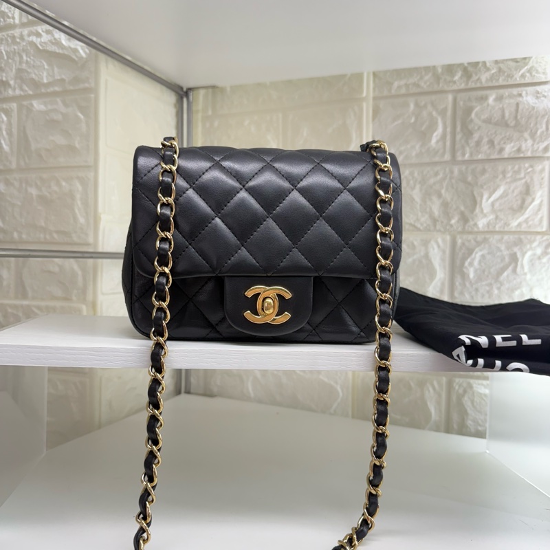 chanel香奈兒黑金菱格紋雙C扣方胖子鏈條包-0