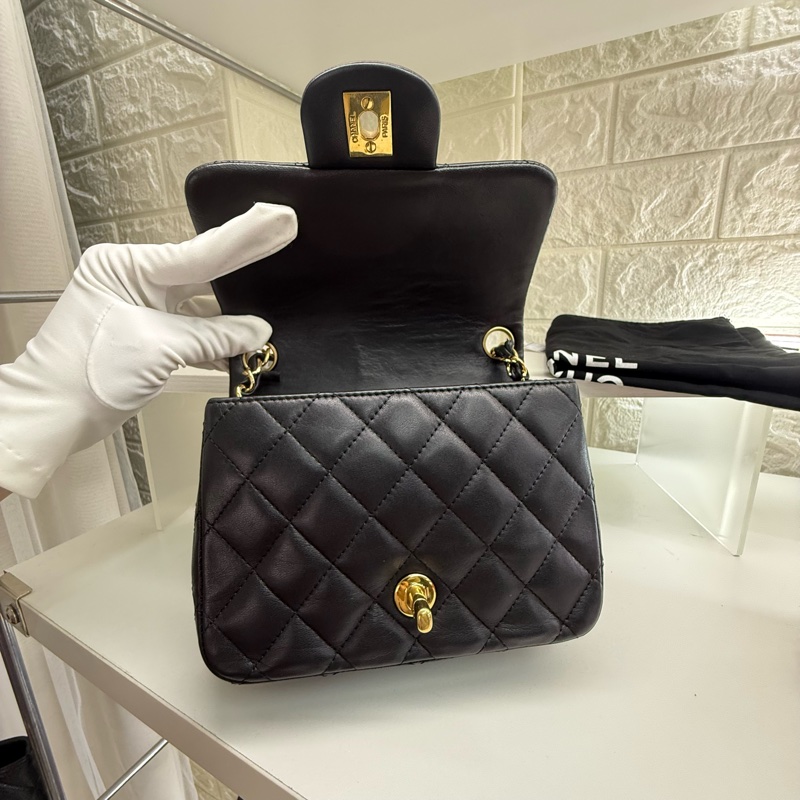 chanel香奈兒黑金菱格紋雙C扣方胖子鏈條包-5