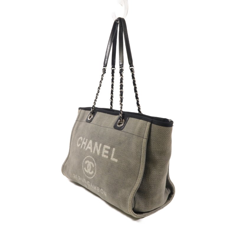 CHANEL 帆布Deauville Tote銀扣肩背袋-1