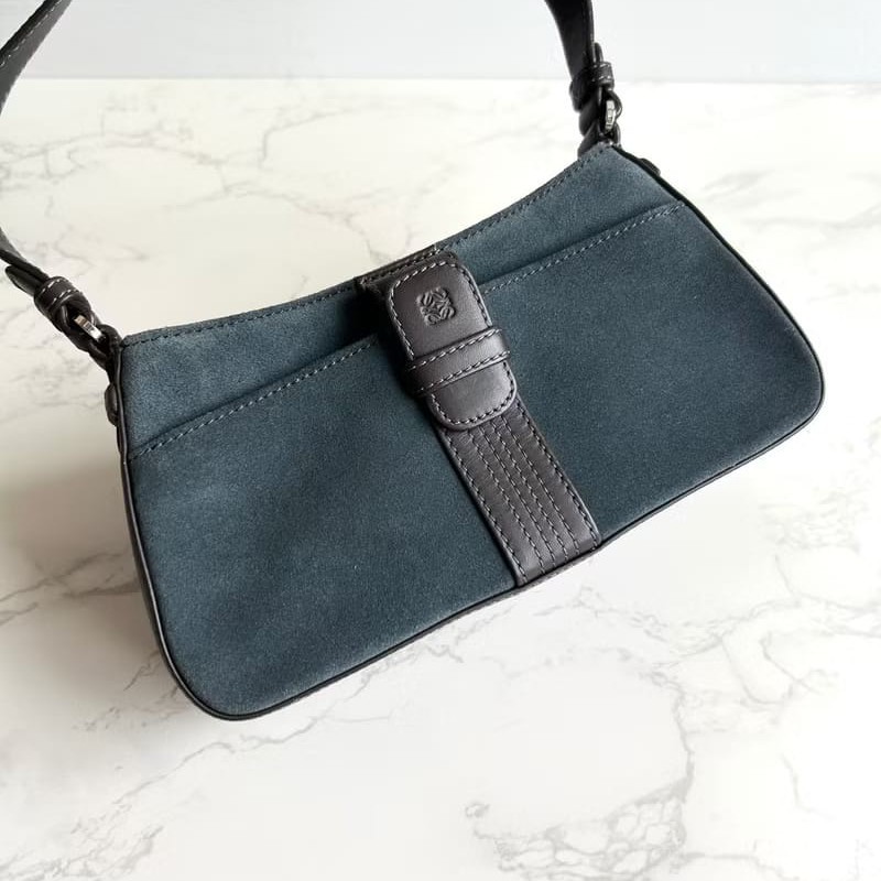 【LA LUNE】絕版古董包 Loewe灰藍拼皮腋下包 側背包 單肩包 復古包 中古包-0