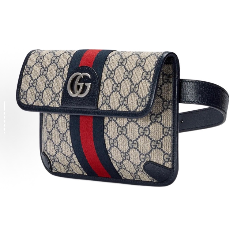 GUCCI古馳 Ophidia 復古老花Logo銀標紅藍織帶腰包-2