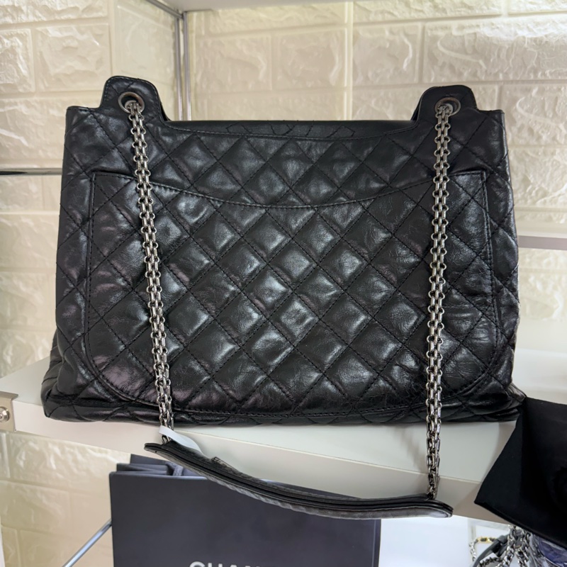 Chanel黑銀菱格紋油蠟皮2.55扣機場鏈條包-1