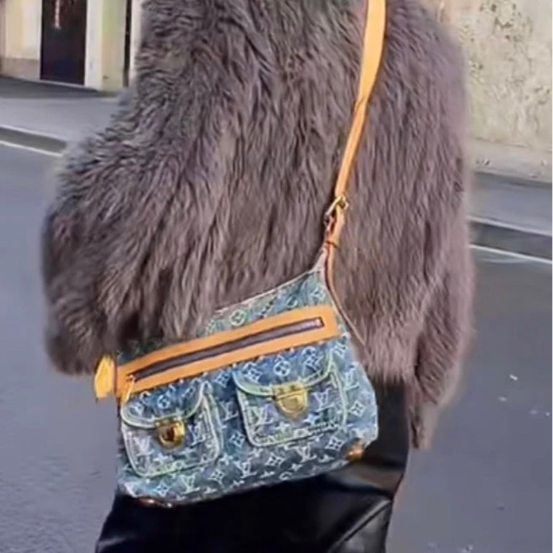 「JL精品代購」LV 老花 丹寧 雙口袋肩背包-2