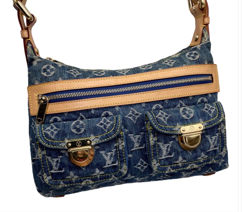 「JL精品代購」LV 老花 丹寧 雙口袋肩背包-5