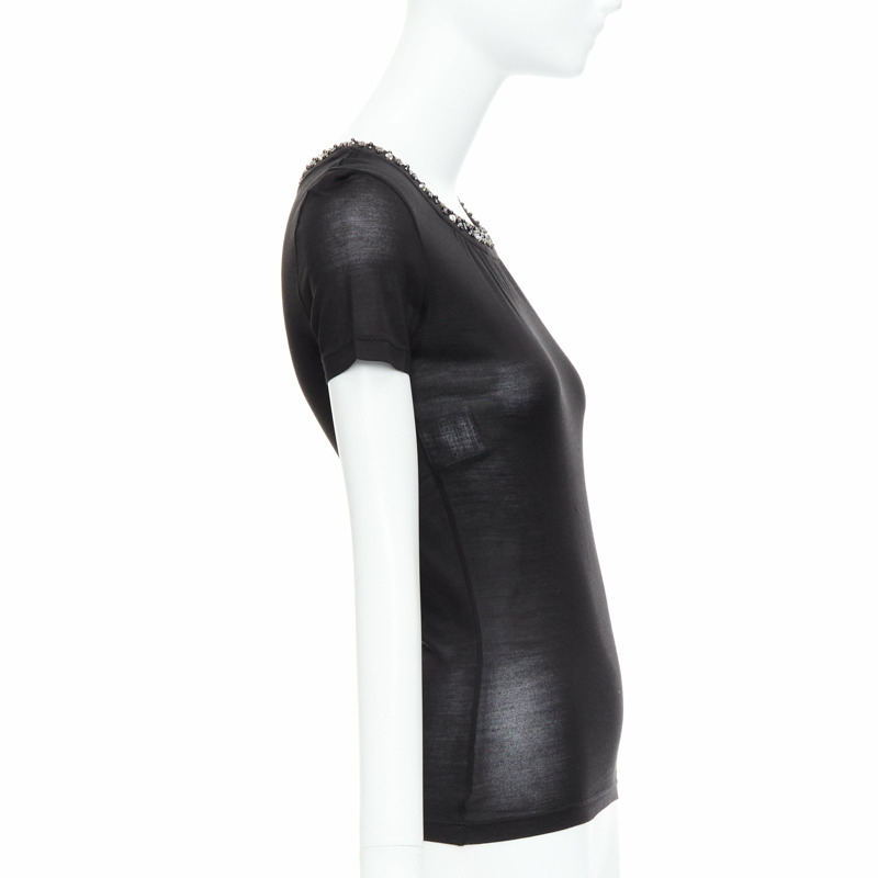 CHRISTIAN DIOR black 100% silk glass PVC beaded collar tshirt FR36 S-3