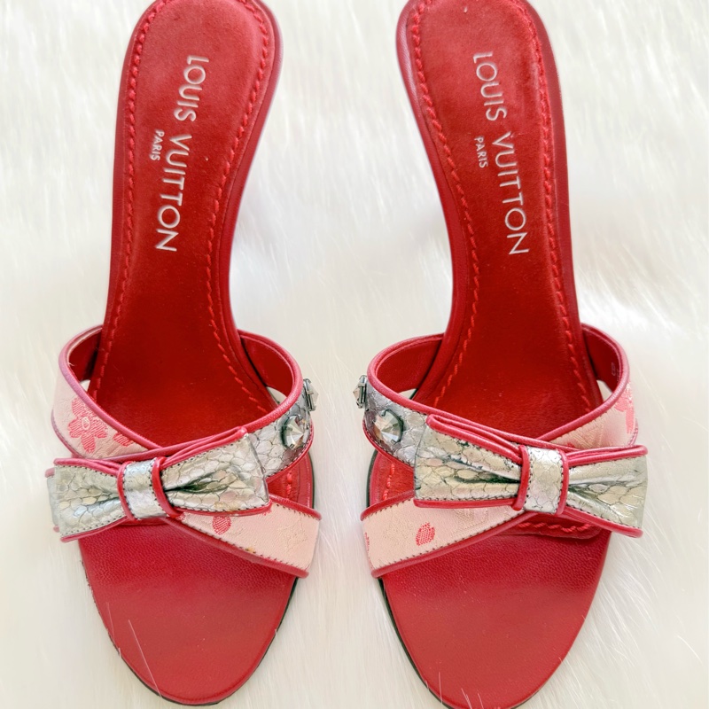 ［2.4折］Louis Vuitton 正紅色皮革蝴蝶結高跟拖鞋 36號-0