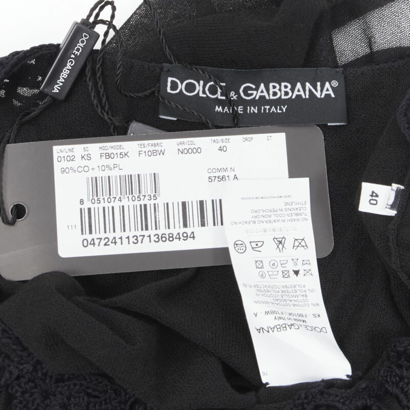 new DOLCE GABBANA crochet lace sheer rolled edges fine knit cotton top IT40 S-8