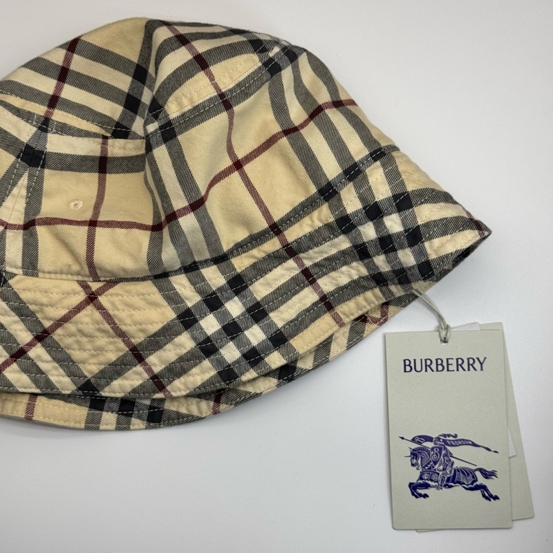 BURBERRY Vintage 米色紅黑白經典格紋棉質漁夫帽-13