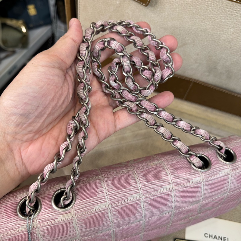 CHANEL vintage 帆布花紋冰格CF 25 / 霧銀扣鏈包💗稀有低價品-12