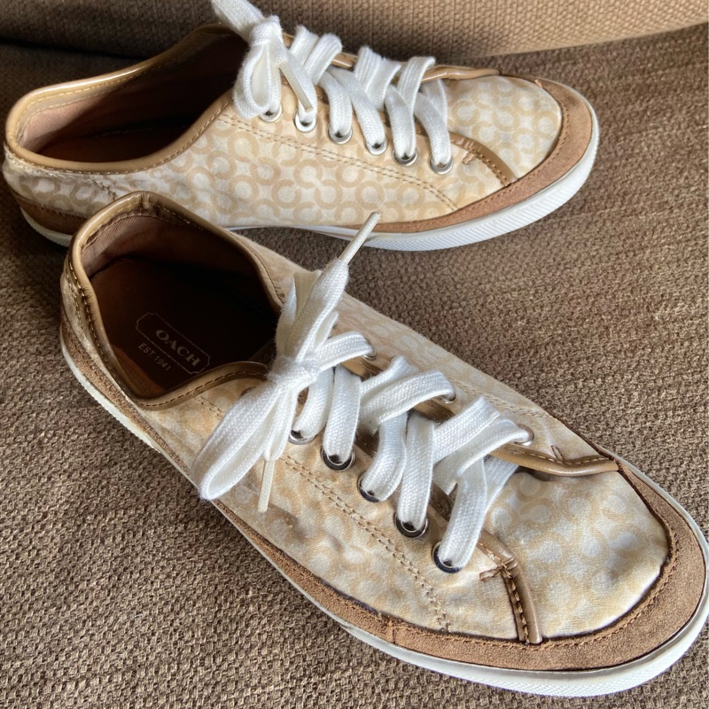 COACH Edith Lace Up Signature Sneakers Brown and Tan-尺寸7M-0