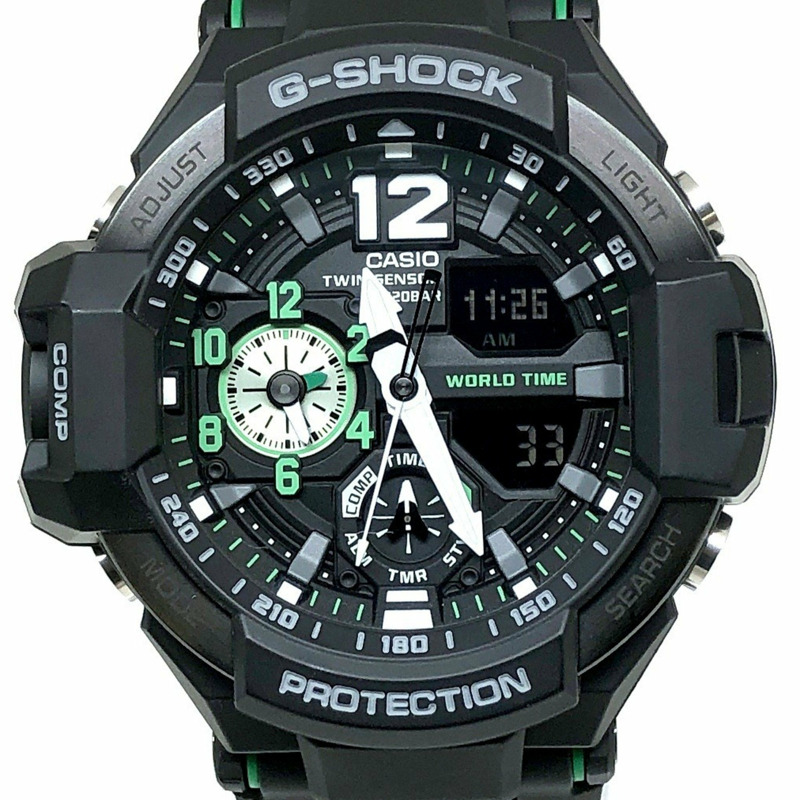 G-SHOCK CASIO 手錶 GA-1100-1A3 GRAVITYMASTER 雙感測器指南針和溫度測量世界時間高亮度 LED 燈黑色 x 綠色類比數字 2015 年 4 月發布 三國丘店 ITZMZX0ZHLPW-0