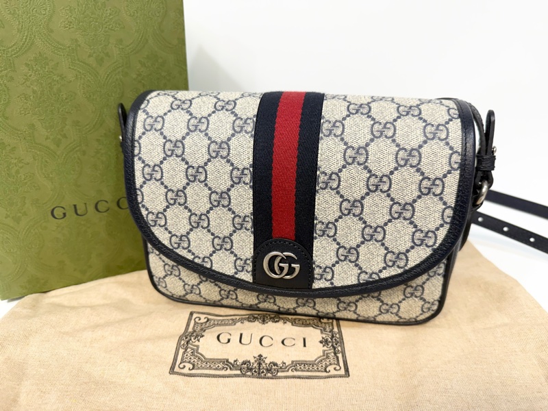 Gucci老花藍紅藍拉鍊側背包722117-5