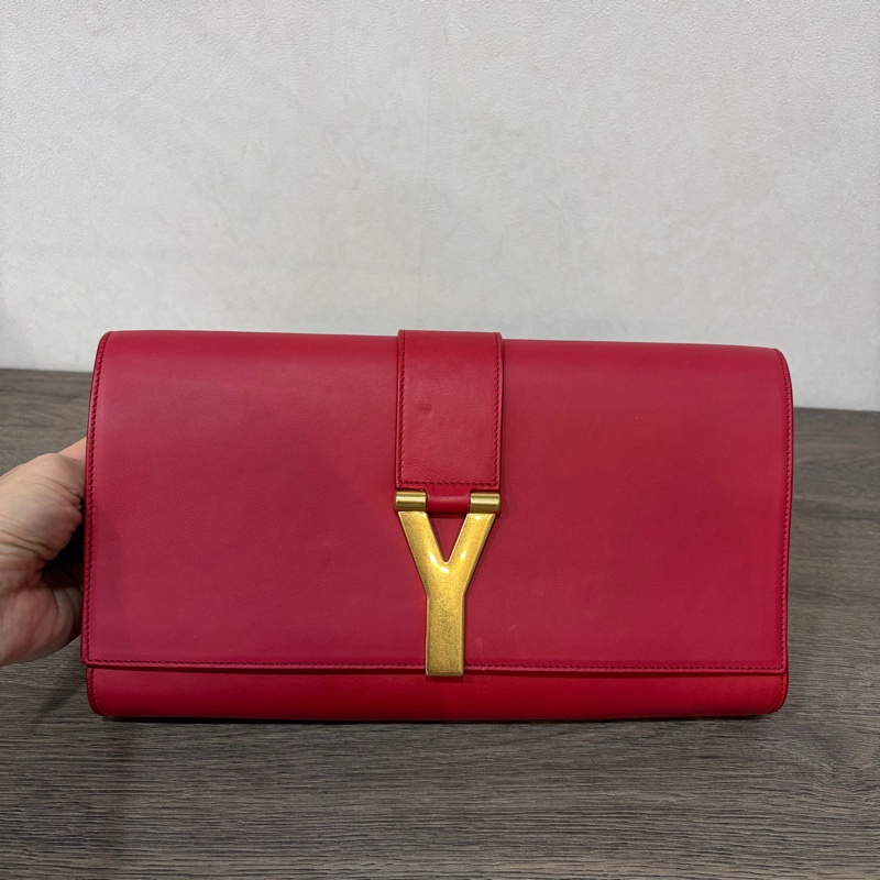 YSL 311213 紅色 牛皮 Y 金釦 Logo 手拿包 信封包 化妝包 晚宴包 腋下包-19