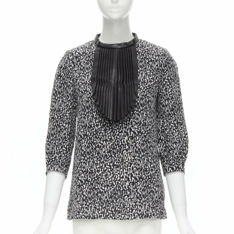 SAINT LAURENT Hedi Slimane 2012 black pleated leather bib silk blouse FR38 S-0