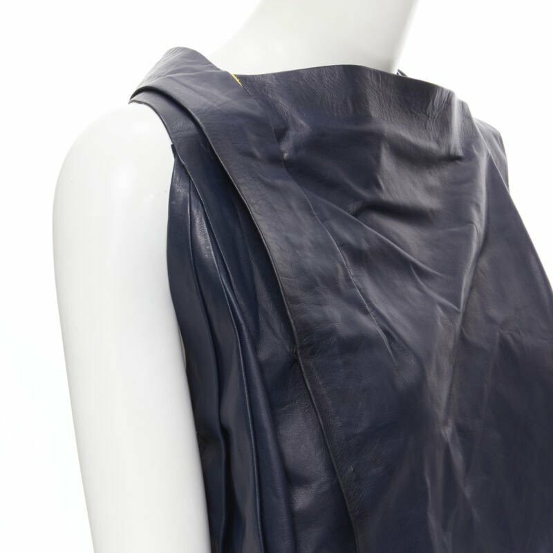 new BALENCIAGA 2010 Runway Ghesquiere navy yellow leather pleated top FR38 S-6