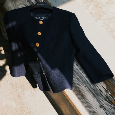 Burberry 1970s 經典結構剪裁金釦無領羊毛外套 EU40 法國製