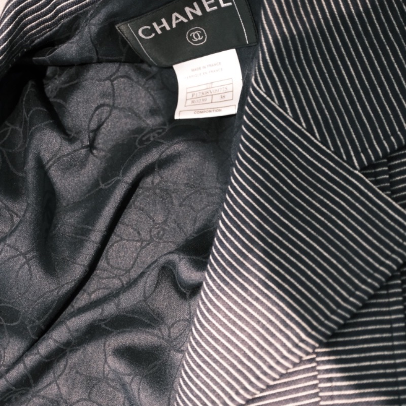 Chanel 2001春夏款 鐵灰羊毛翻領橫條紋大衣外套 EU38-4