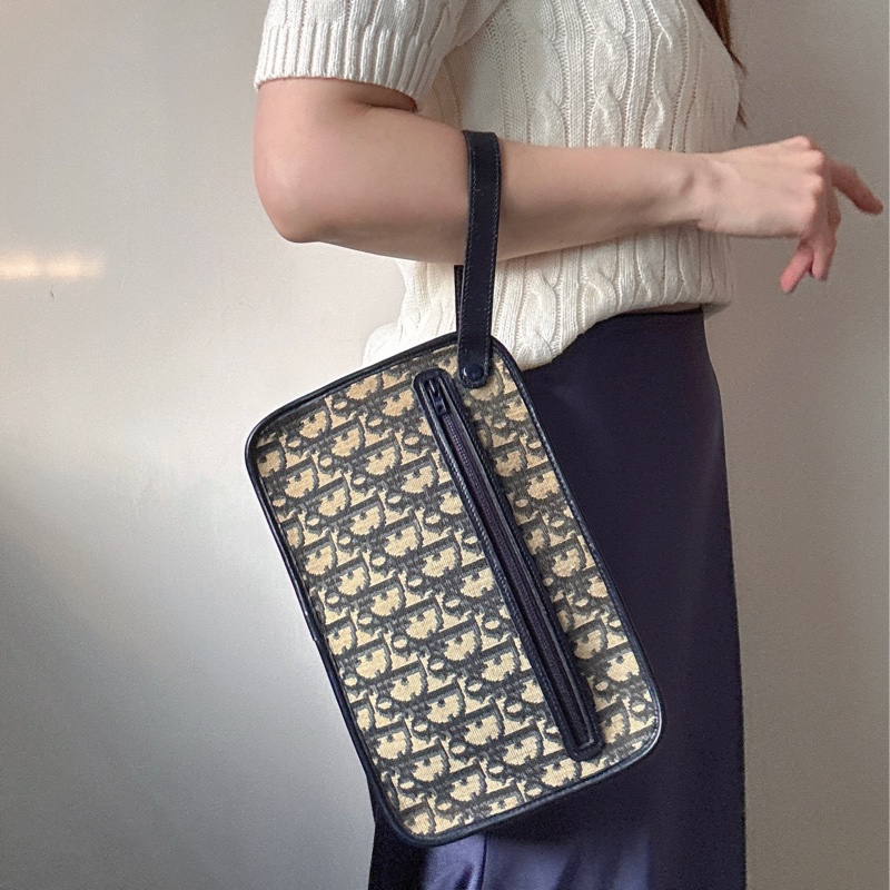 中古 Christian Dior Oblique Clutch 緹花 深藍 手拿包 腋下包 斜背包 男女適用-2
