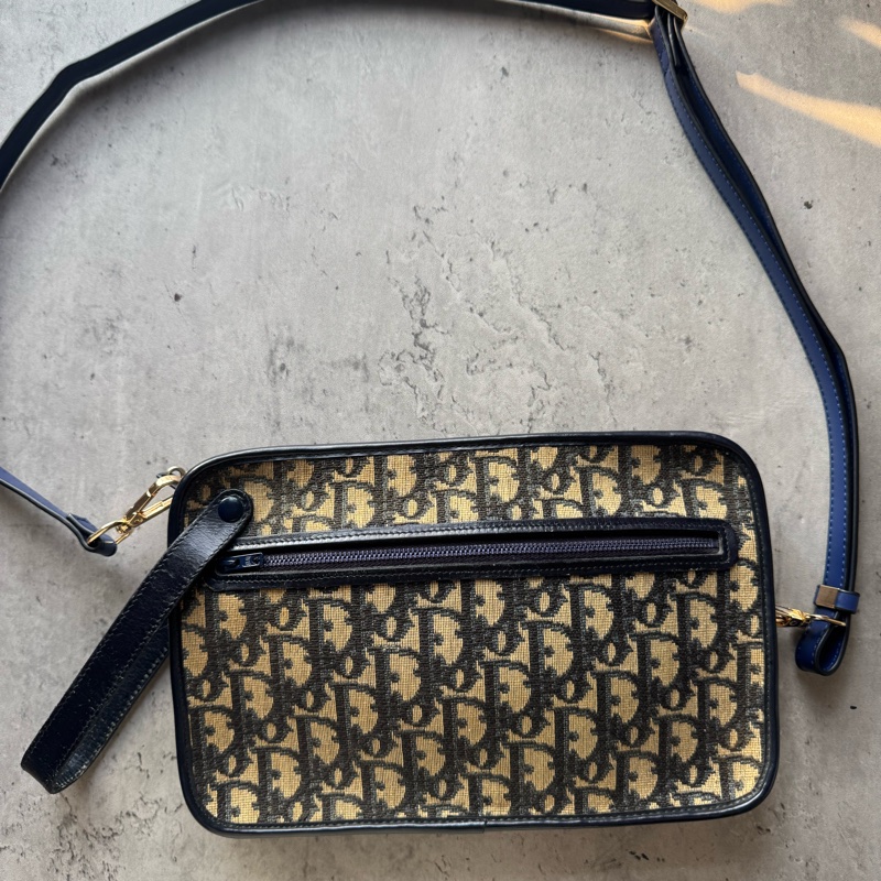 中古 Christian Dior Oblique Clutch 緹花 深藍 手拿包 腋下包 斜背包 男女適用-3