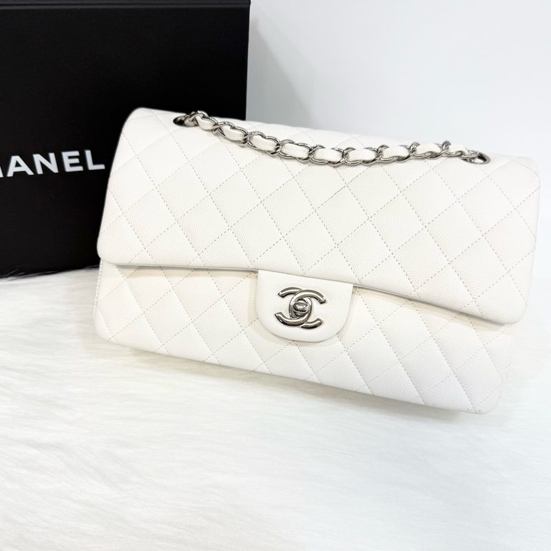 Chanel白色銀釦荔枝皮coco25cm/A01112-7