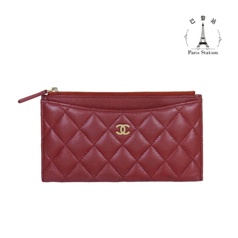 【巴黎站二手名牌專賣店】*現貨*CHANEL香奈兒真品*A84107 勃根地紅牛皮金雙C一字拉鍊扁型長夾 錢包-0