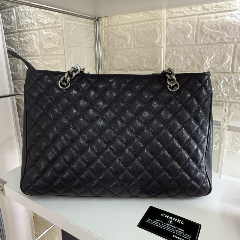 Chanel 香奈兒黑銀荔枝紋菱格紋托特包帶卡-1