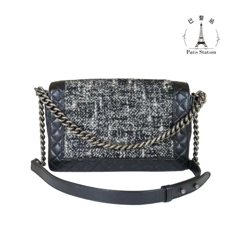 【巴黎站二手名牌專賣店】*現貨*CHANEL 香奈兒 真品*經典BOY 28黑毛呢拼接牛皮復古銀釦鍊條斜背肩背包-1