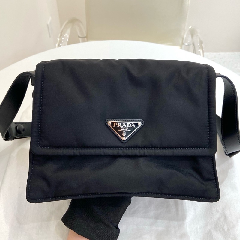 PRADA普拉達 Re-Nylon再生尼龍拼皮革 郵差包單肩斜挎包 男女可背-2