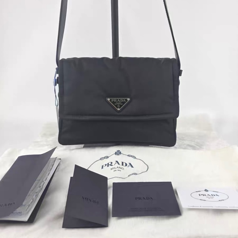 PRADA普拉達 Re-Nylon再生尼龍拼皮革 郵差包單肩斜挎包 男女可背-2