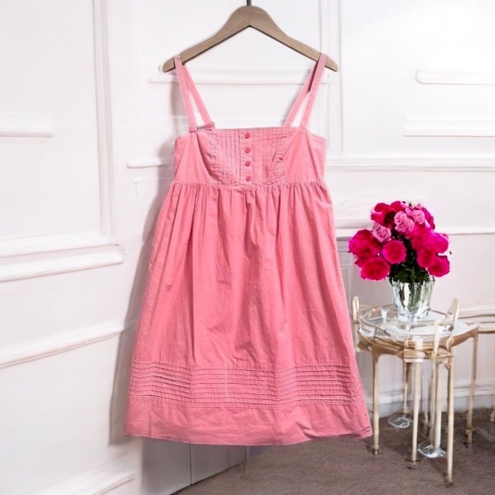 Agnes b 春夏粉紅甜美細肩帶平口小洋裝 風琴摺短裙連身裙-0