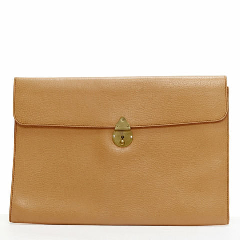 RALPH LAUREN tan textured leather gold logo push lock flap flat clutch bag