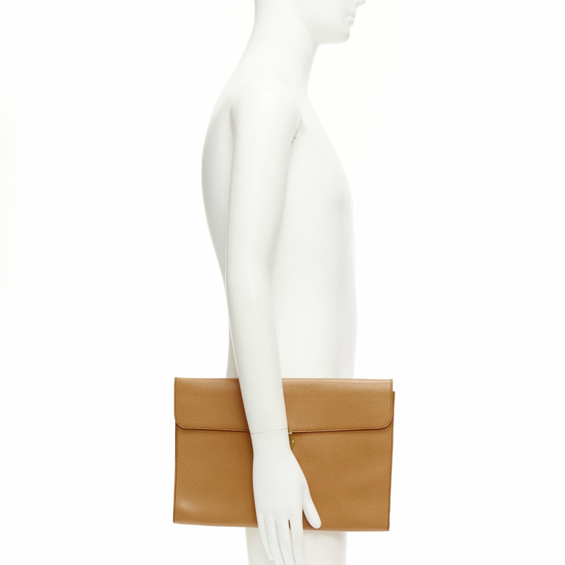 RALPH LAUREN tan textured leather gold logo push lock flap flat clutch bag-1