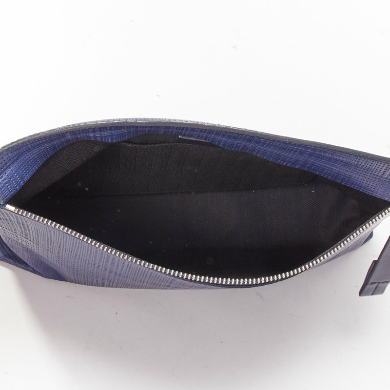 LOEWE T Pouch navy textured checkered leather silver zip wrist clutch bag-7