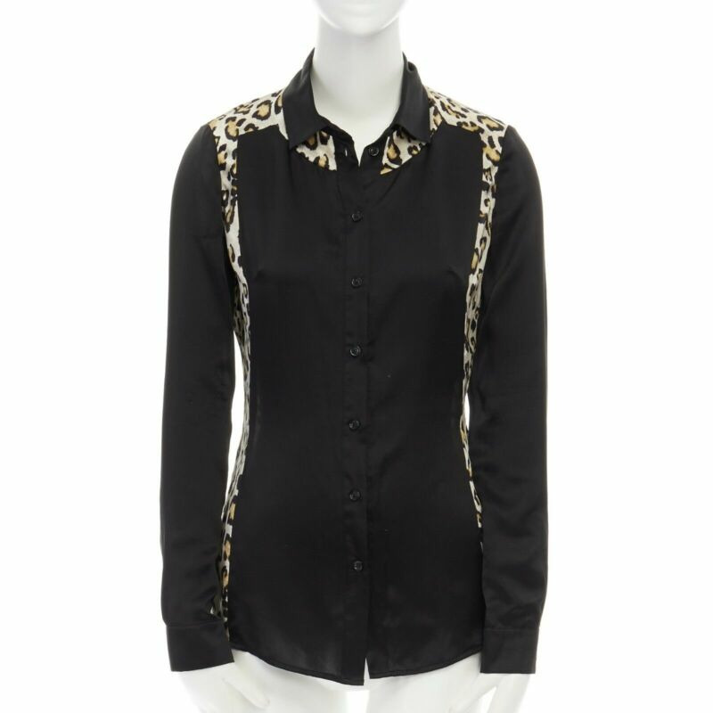 JUST CAVALLI 100% silk black leopard colorblocked button front shirt IT40 S-0