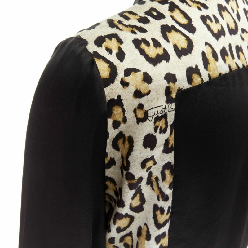 JUST CAVALLI 100% silk black leopard colorblocked button front shirt IT40 S-7